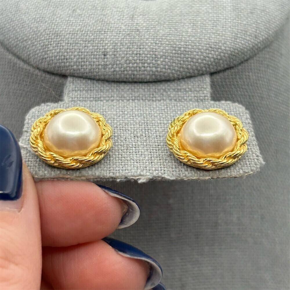 Vintage Trifari Womens Faux Pearl Rope Twist Gold Tone Button Stud Earrings - Picture 4 of 9